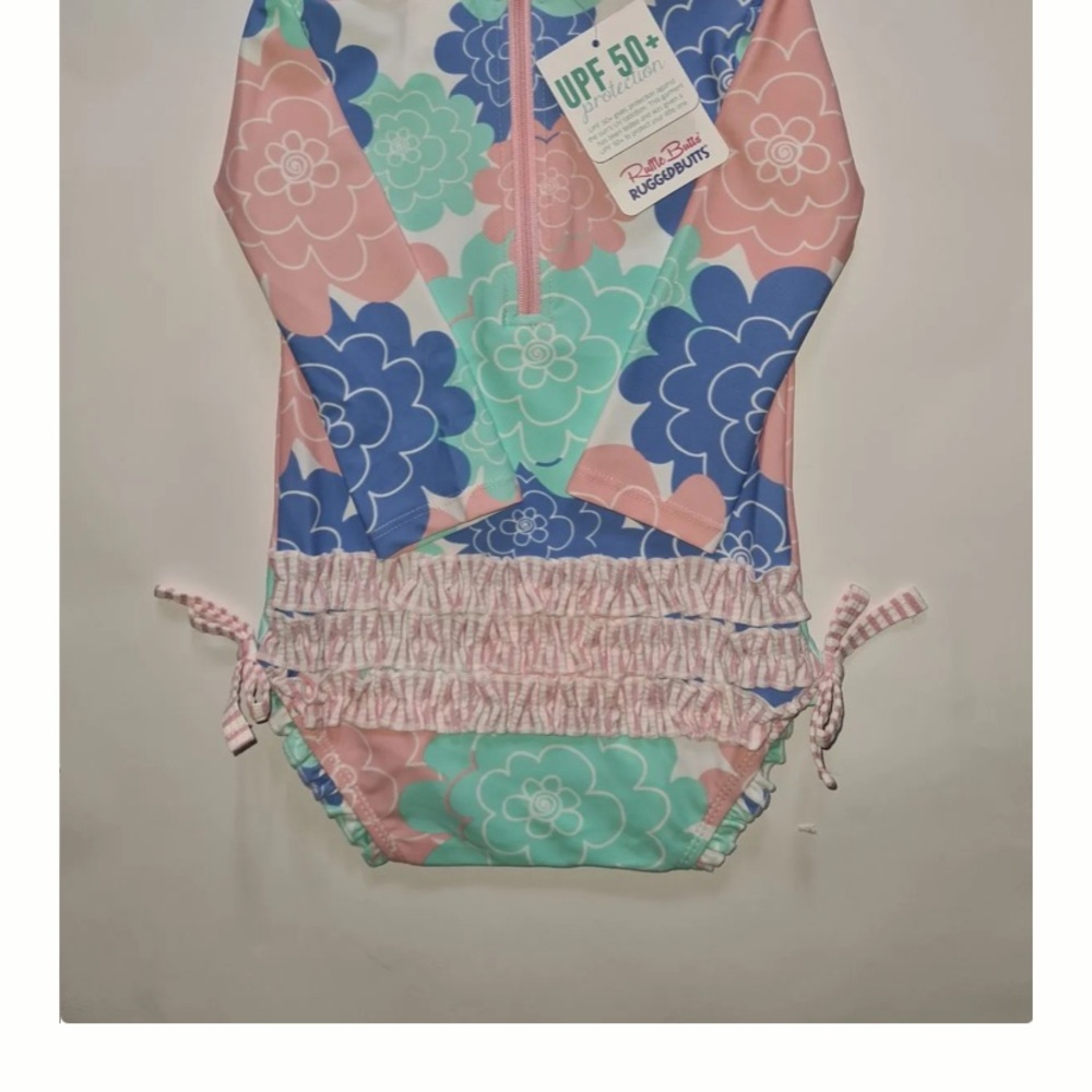 Ruffle Butts Kids Floral Rashguard - Blue, Pink, Green